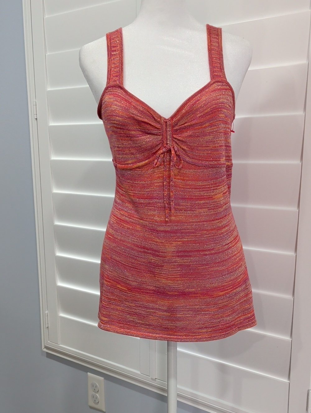 NWOT Cach'e Pink and Orange Striped Metallic Tie-Front Tank